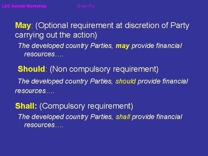 LDC Nairobi Workshop © Ian Fry May: (Optional requirement at discretion of Party carrying