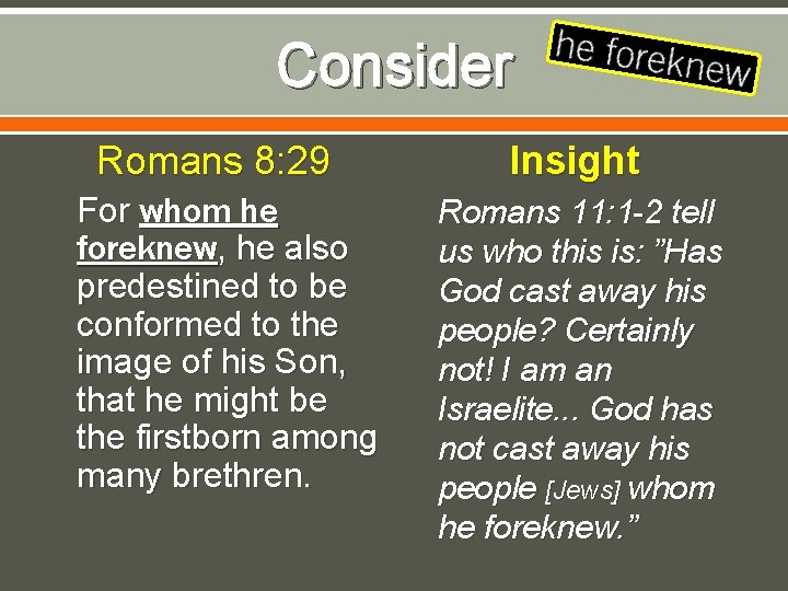 Consider Romans 8: 29 For whom he foreknew, he also predestined to be conformed