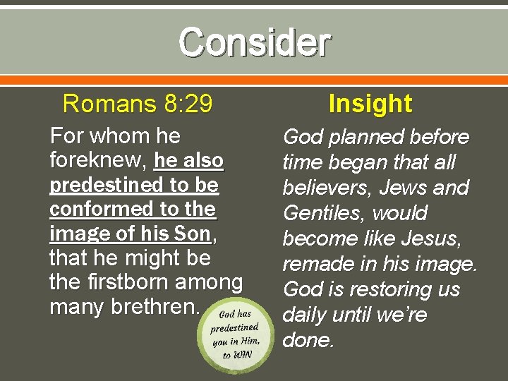 Consider Romans 8: 29 For whom he foreknew, he also predestined to be conformed