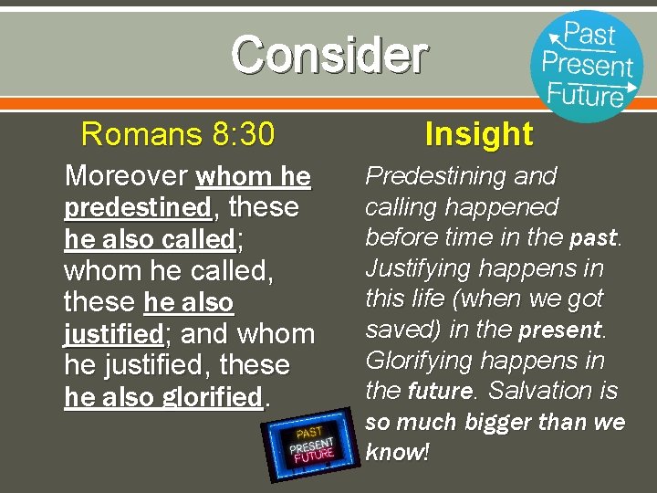 Consider Romans 8: 30 Moreover whom he predestined, these he also called; whom he