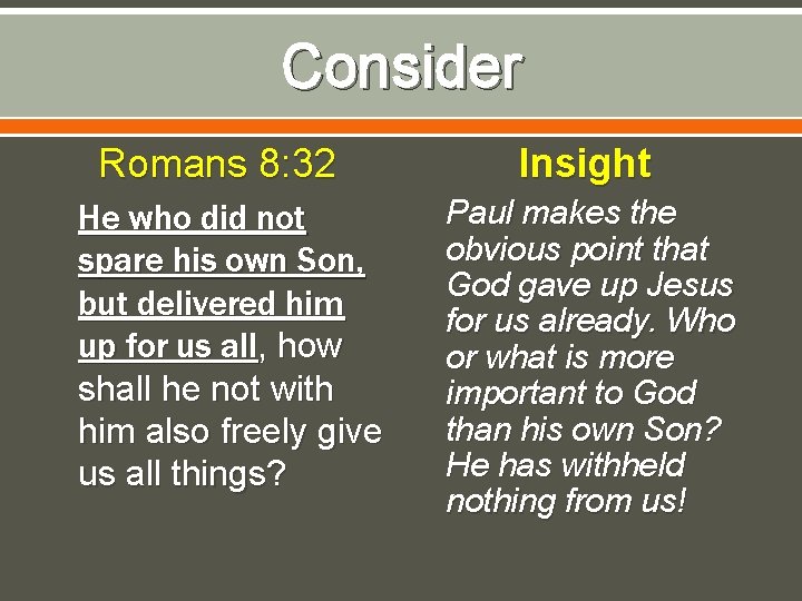 Consider Romans 8: 32 He who did not spare his own Son, but delivered