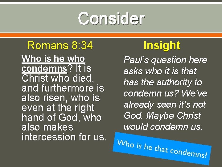 Consider Romans 8: 34 Who is he who condemns? It is Christ who died,