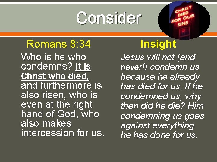 Consider Romans 8: 34 Who is he who condemns? It is Christ who died,