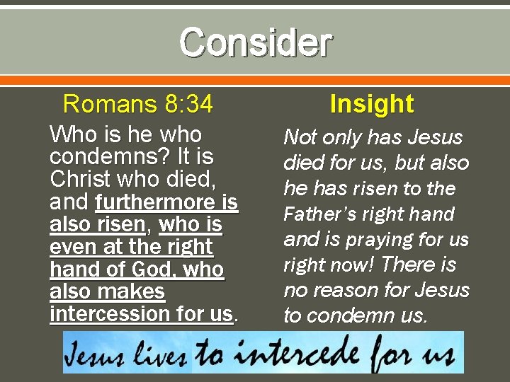 Consider Romans 8: 34 Who is he who condemns? It is Christ who died,