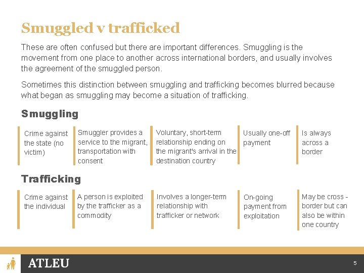 Smuggled v trafficked These are often confused but there are important differences. Smuggling is