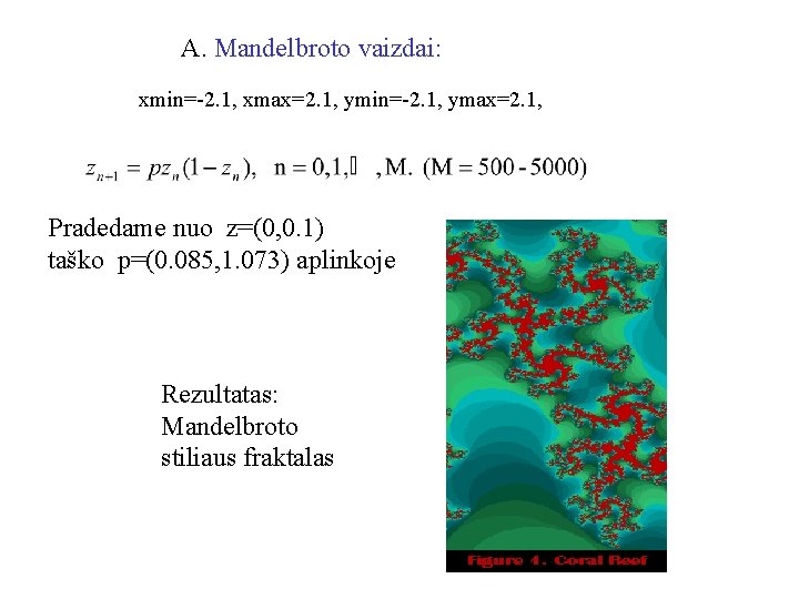 A. Mandelbroto vaizdai: xmin=-2. 1, xmax=2. 1, ymin=-2. 1, ymax=2. 1, Pradedame nuo z=(0,