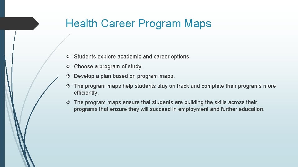 Health Career Program Maps Students explore academic and career options. Choose a program of