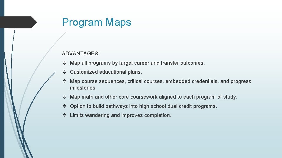 Program Maps ADVANTAGES: Map all programs by target career and transfer outcomes. Customized educational