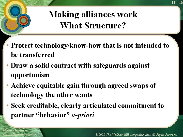 11 - 16 Making alliances work What Structure? • Protect technology/know-how that is not