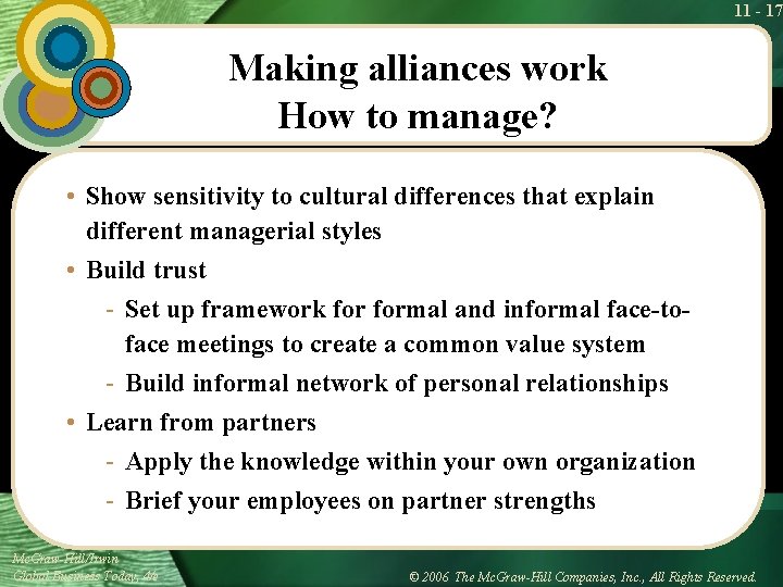 11 - 17 Making alliances work How to manage? • Show sensitivity to cultural