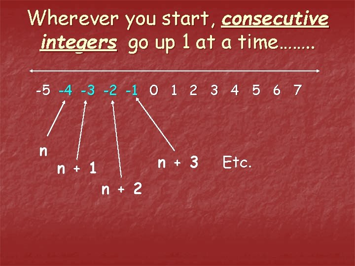 Wherever you start, consecutive integers go up 1 at a time……. . -5 -4