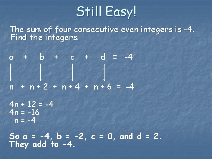 Still Easy! The sum of four consecutive even integers is -4. Find the integers.