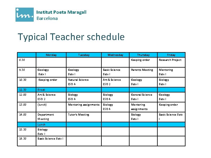 Institut Poeta Maragall Barcelona Typical Teacher schedule Monday Tuesday Wednesday 8. 30 Thursday Friday