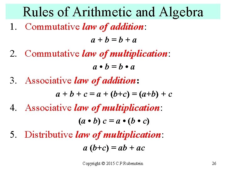Rules of Arithmetic and Algebra 1. Commutative law of addition: a + b =