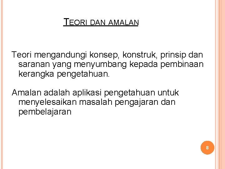 TEORI DAN AMALAN Teori mengandungi konsep, konstruk, prinsip dan saranan yang menyumbang kepada pembinaan