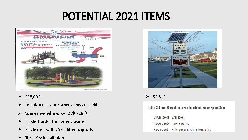POTENTIAL 2021 ITEMS Ø $25, 000 Ø Location at front corner of soccer field.