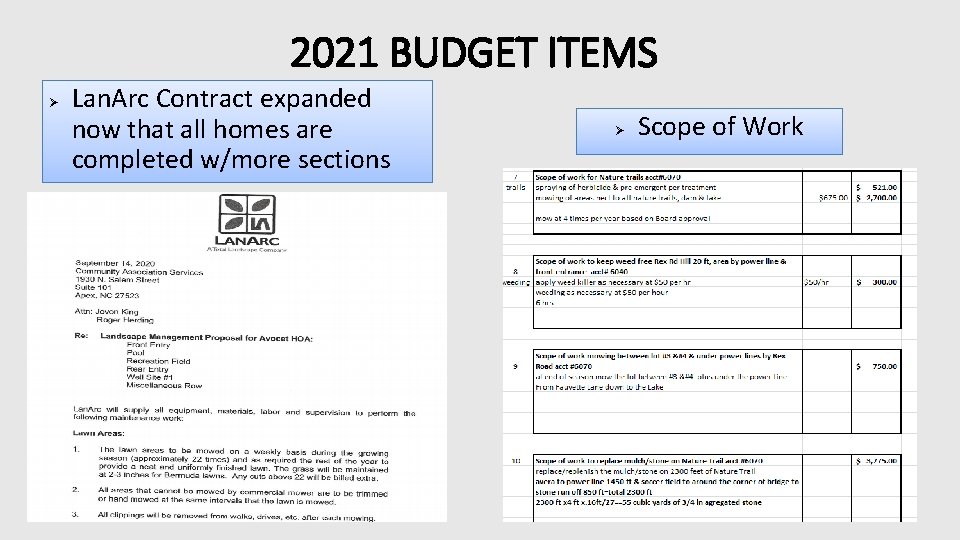 2021 BUDGET ITEMS Ø Lan. Arc Contract expanded now that all homes are completed