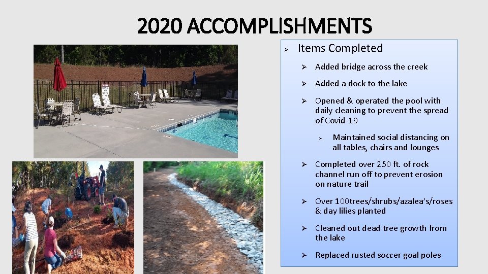 2020 ACCOMPLISHMENTS Ø Items Completed Ø Added bridge across the creek Ø Added a