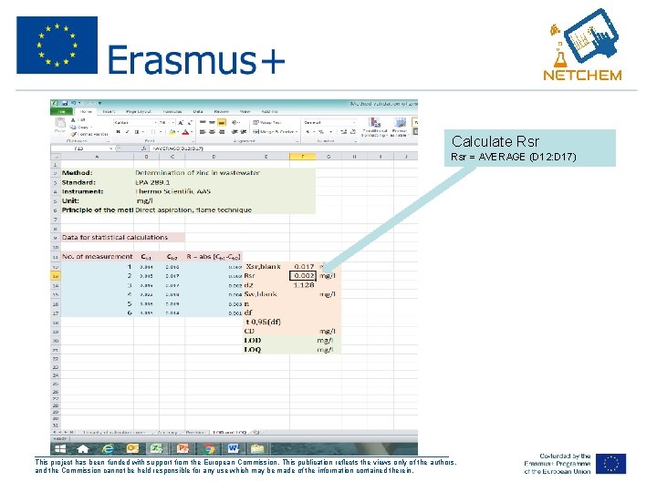 Calculate Rsr = AVERAGE (D 12: D 17) ___________________________________________________ This project has been funded