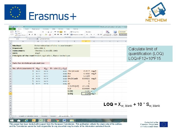 Calculate limit of quantification (LOQ) LOQ=F 12+10*F 15 LOQ = Xsr, blank + 10