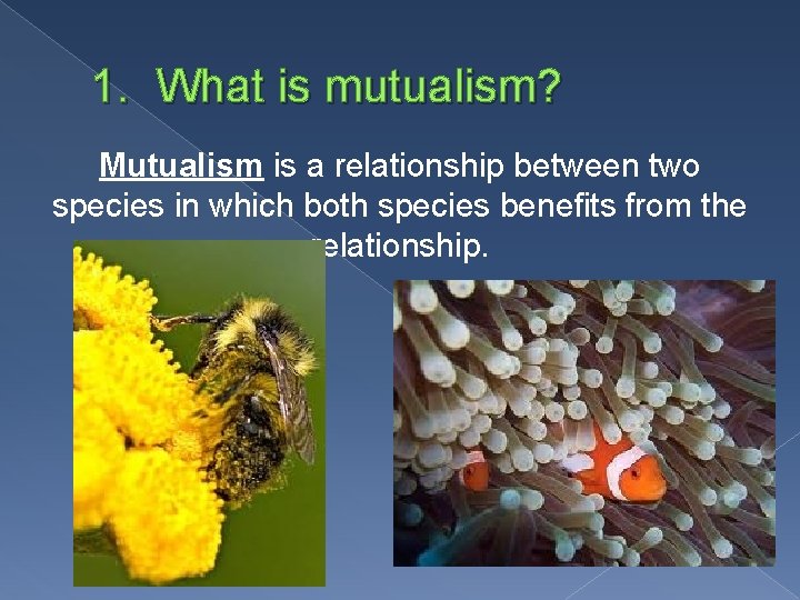 1. What is mutualism? Mutualism is a relationship between two species in which both