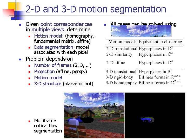 2 -D and 3 -D motion segmentation n Given point correspondences in multiple views,