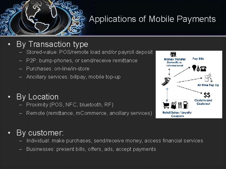 Applications of Mobile Payments • By Transaction type – Stored-value: POS/remote load and/or payroll
