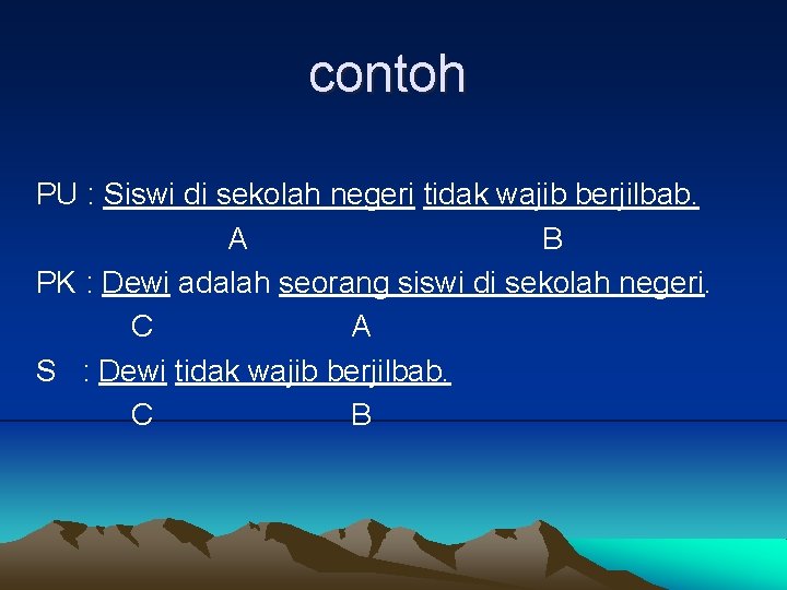 contoh PU : Siswi di sekolah negeri tidak wajib berjilbab. A B PK :