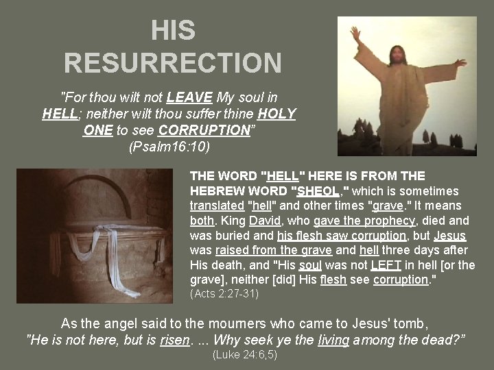 HIS RESURRECTION "For thou wilt not LEAVE My soul in HELL; neither wilt thou