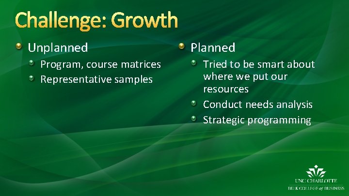 Challenge: Growth Unplanned Program, course matrices Representative samples Planned Tried to be smart about