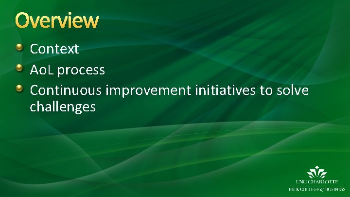 Overview Context Ao. L process Continuous improvement initiatives to solve challenges 