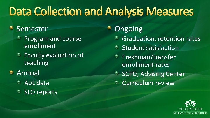 Data Collection and Analysis Measures Semester Program and course enrollment Faculty evaluation of teaching