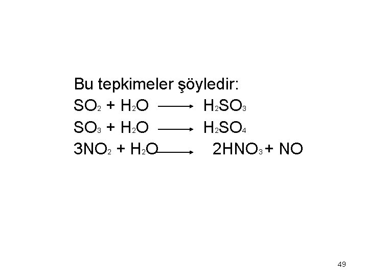Bu tepkimeler şöyledir: SO 2 + H 2 O H 2 SO 3 +