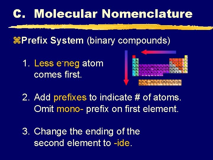 C. Molecular Nomenclature z. Prefix System (binary compounds) 1. Less e-neg atom comes first. C. Molecular Nomenclature z. Prefix System (binary compounds) 1. Less e-neg atom comes first.