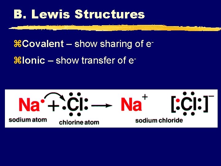 B. Lewis Structures z. Covalent – show sharing of ez. Ionic – show transfer B. Lewis Structures z. Covalent – show sharing of ez. Ionic – show transfer