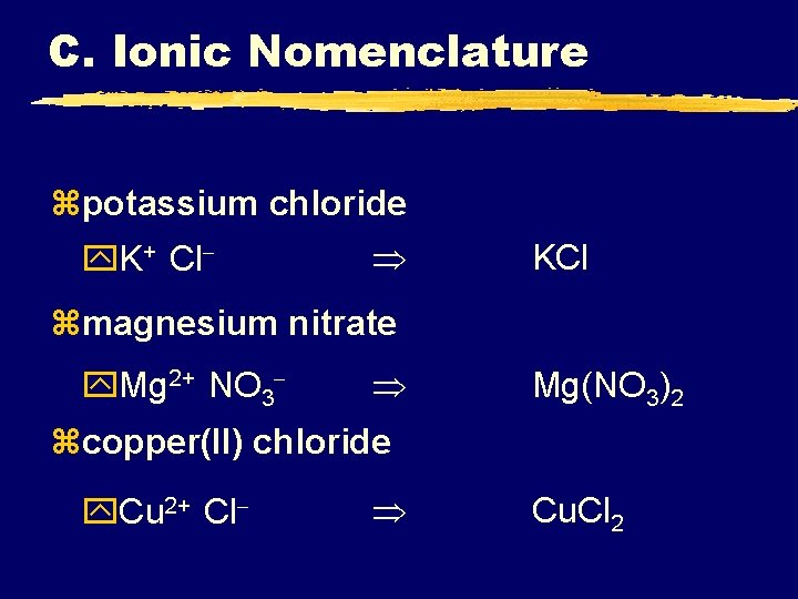 C. Ionic Nomenclature zpotassium chloride y. K+ Cl- KCl zmagnesium nitrate y. Mg 2+ C. Ionic Nomenclature zpotassium chloride y. K+ Cl- KCl zmagnesium nitrate y. Mg 2+