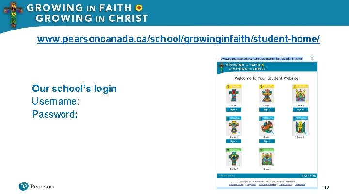 www. pearsoncanada. ca/school/growinginfaith/student-home/ Our school’s login Username: Password: 10 