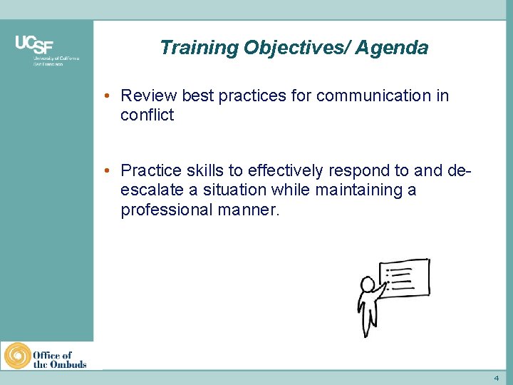 Training Objectives/ Agenda • Review best practices for communication in conflict • Practice skills