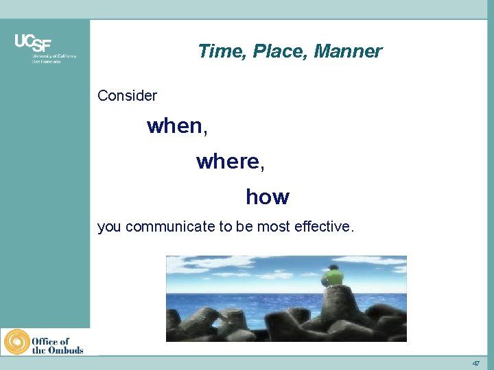 Time, Place, Manner Consider when, where, how you communicate to be most effective. School