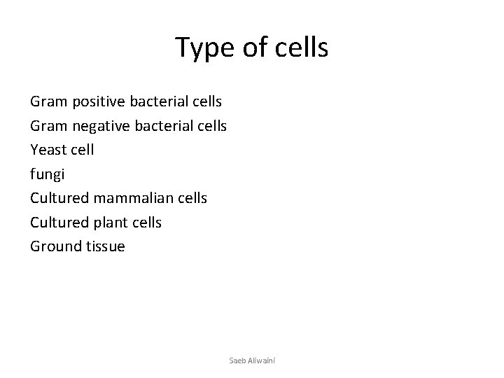 Type of cells Gram positive bacterial cells Gram negative bacterial cells Yeast cell fungi