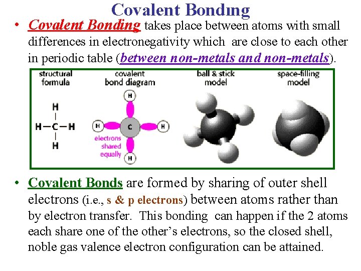 Covalent Bondıng • Covalent Bonding takes place between atoms with small differences in electronegativity