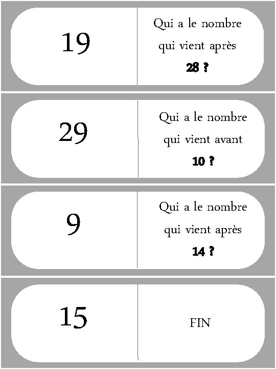 19 Qui a le nombre qui vient après 28 ? 29 Qui a le