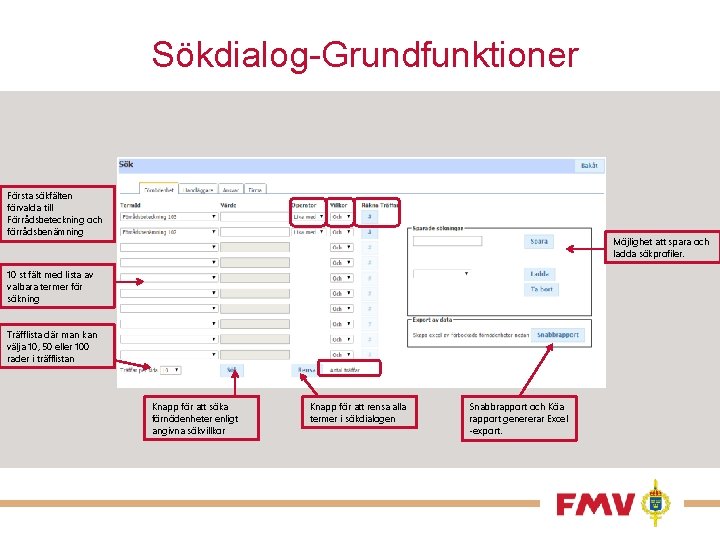 Sökdialog-Grundfunktioner Första sökfälten förvalda till Förrådsbeteckning och förrådsbenämning Möjlighet att spara och ladda sökprofiler.