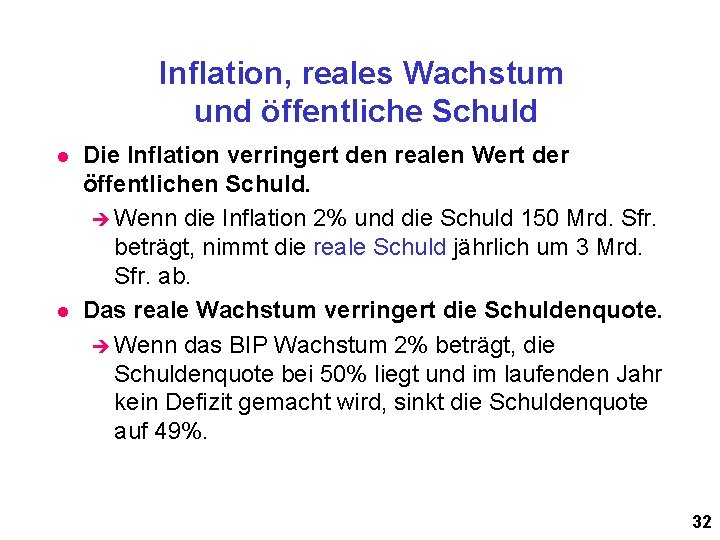 Inflation, reales Wachstum und öffentliche Schuld l l Die Inflation verringert den realen Wert