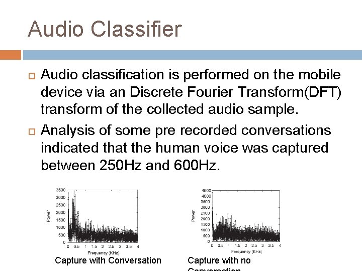 Audio Classifier Audio classification is performed on the mobile device via an Discrete Fourier
