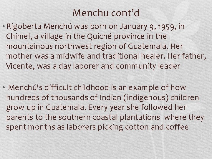 Menchu cont’d • Rigoberta Menchú was born on January 9, 1959, in Chimel, a