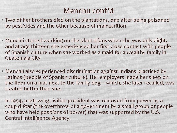 Menchu cont’d • Two of her brothers died on the plantations, one after being