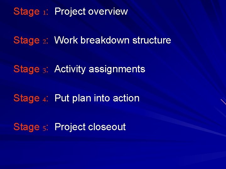 Stage 1: Project overview Stage 2: Work breakdown structure Stage 3: Activity assignments Stage