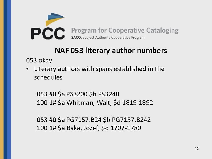 NAF 053 literary author numbers 053 okay • Literary authors with spans established in