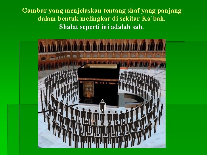 Gambar yang menjelaskan tentang shaf yang panjang dalam bentuk melingkar di sekitar Ka`bah. Shalat